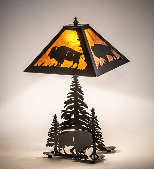 Meyda Lighting Buffalo 21" 2-Light Timeless Bronze Table Lamp With Amber Mica Shade Glass and Lighted Base