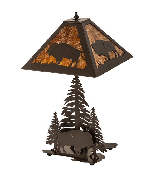 Meyda Lighting Buffalo 21" 2-Light Timeless Bronze Table Lamp With Amber Mica Shade Glass and Lighted Base