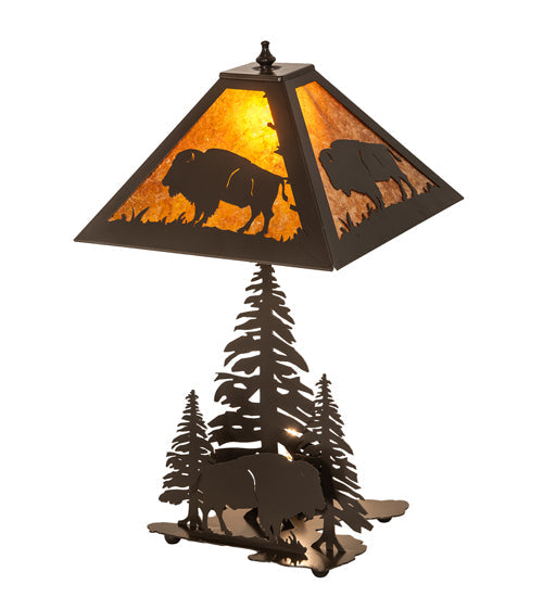 Meyda Lighting Buffalo 21" 2-Light Timeless Bronze Table Lamp With Amber Mica Shade Glass and Lighted Base