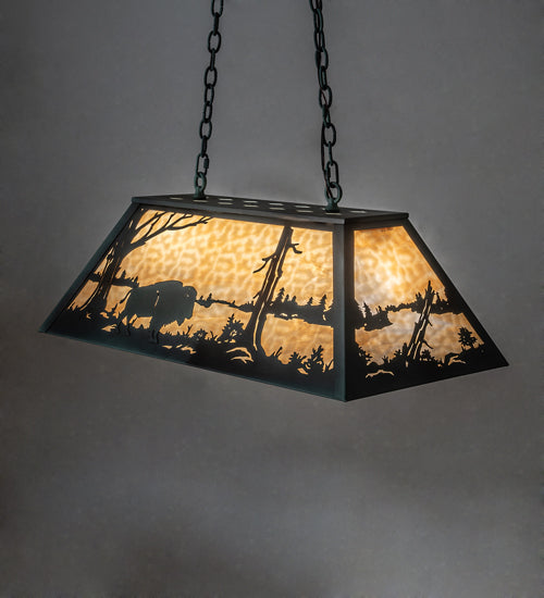 Meyda Lighting Buffalo 33" 6-Light Antique Copper Verdigris Island Pendant Light With Beige Art Shade Glass