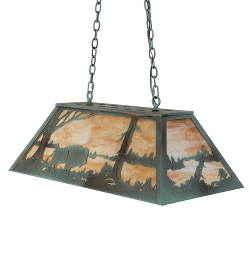 Meyda Lighting Buffalo 33" 6-Light Antique Copper Verdigris Island Pendant Light With Beige Art Shade Glass