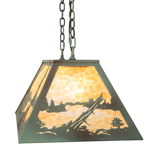 Meyda Lighting Buffalo 33" 6-Light Antique Copper Verdigris Island Pendant Light With Beige Art Shade Glass