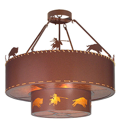 Meyda Lighting Buffalo Hunt 36" 8-Light Rust & Clear Coated Inverted Pendant Light With Amber Mica Shade Glass