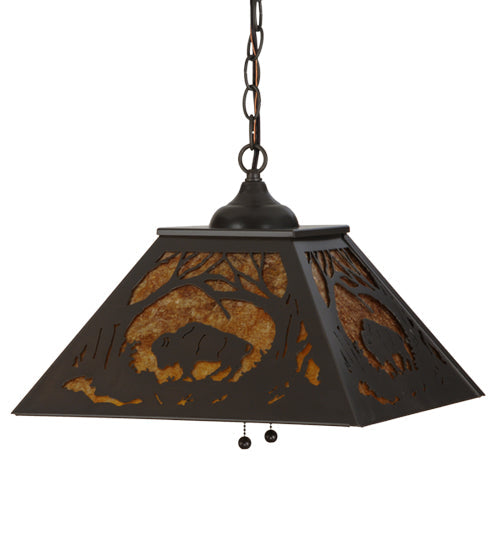 Meyda Lighting Buffalo at Dawn 22" 2-Light Timeless Bronze Pendant Light With Amber Mica Shade Glass