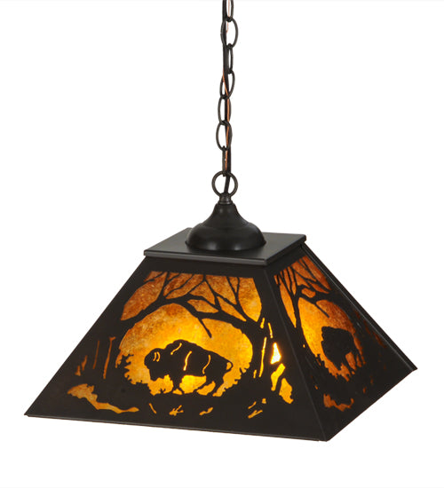 Meyda Lighting Buffalo at Dawn 22" 2-Light Timeless Bronze Pendant Light With Amber Mica Shade Glass