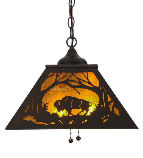 Meyda Lighting Buffalo at Dawn 22" 2-Light Timeless Bronze Pendant Light With Amber Mica Shade Glass