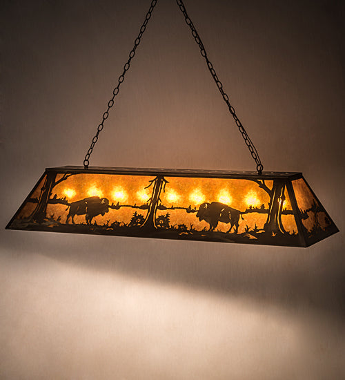 Meyda Lighting Buffalo at Lake 60" 9-Light Antique Copper Island Pendant Light With Amber Mica Shade Glass