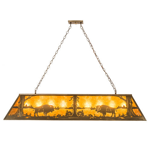 Meyda Lighting Buffalo at Lake 60" 9-Light Antique Copper Island Pendant Light With Amber Mica Shade Glass