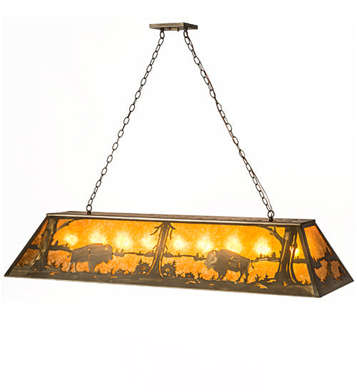 Meyda Lighting Buffalo at Lake 60" 9-Light Antique Copper Island Pendant Light With Amber Mica Shade Glass
