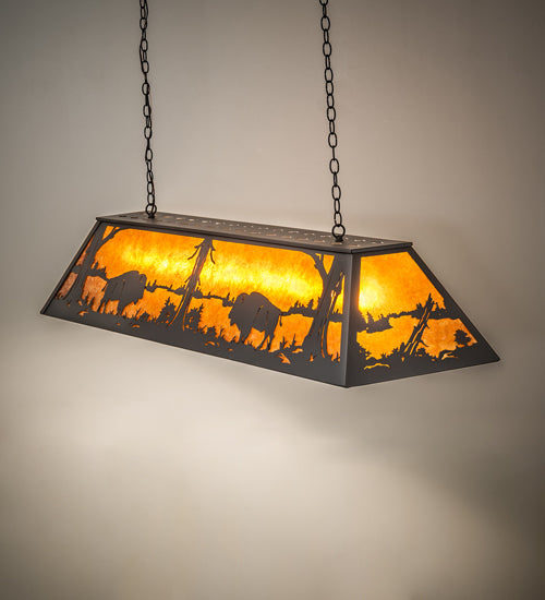 Meyda Lighting Buffalo at Lake 60" 9-Light Wrought Iron Island Pendant Light With Amber Mica Shade Glass