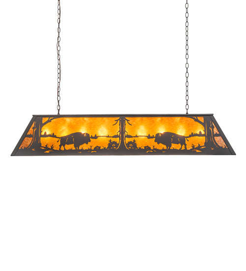 Meyda Lighting Buffalo at Lake 60" 9-Light Wrought Iron Island Pendant Light With Amber Mica Shade Glass
