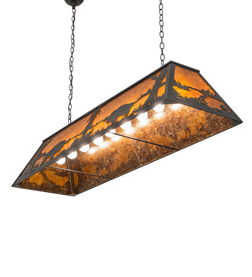 Meyda Lighting Buffalo at Lake 60" 9-Light Wrought Iron Island Pendant Light With Amber Mica Shade Glass