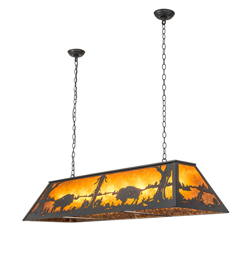 Meyda Lighting Buffalo at Lake 60" 9-Light Wrought Iron Island Pendant Light With Amber Mica Shade Glass