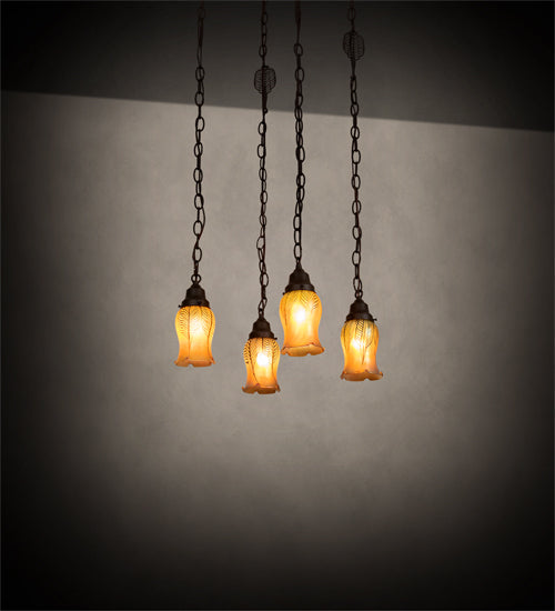 Meyda Lighting Bungalow 15"Sq 4-Light Craftsman Brown Cascading Pendant Light With Gold Iridescent Shade Glass