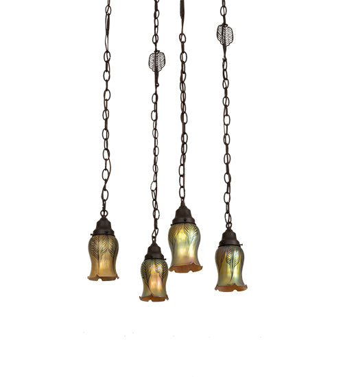 Meyda Lighting Bungalow 15"Sq 4-Light Craftsman Brown Cascading Pendant Light With Gold Iridescent Shade Glass