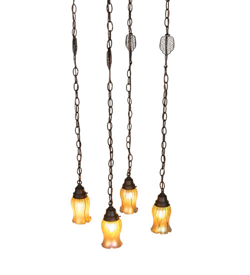 Meyda Lighting Bungalow 15"Sq 4-Light Craftsman Brown Cascading Pendant Light With Gold Iridescent Shade Glass