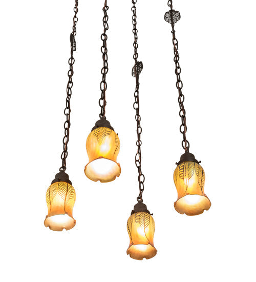 Meyda Lighting Bungalow 15"Sq 4-Light Craftsman Brown Cascading Pendant Light With Gold Iridescent Shade Glass