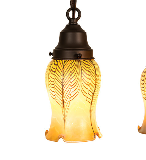 Meyda Lighting Bungalow 15"Sq 4-Light Craftsman Brown Cascading Pendant Light With Gold Iridescent Shade Glass