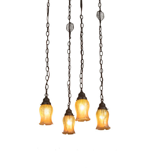Meyda Lighting Bungalow 15"Sq 4-Light Craftsman Brown Cascading Pendant Light With Gold Iridescent Shade Glass