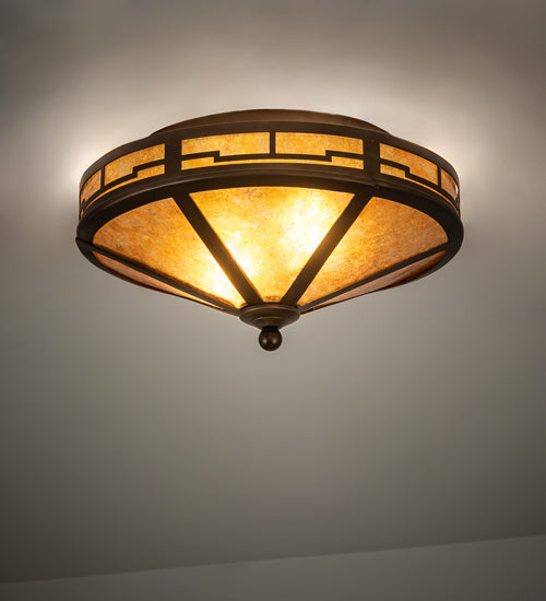 Meyda Lighting Bungalow 16" 2-Light Antique Copper Flush Mount Light With Amber Mica Shade Glass