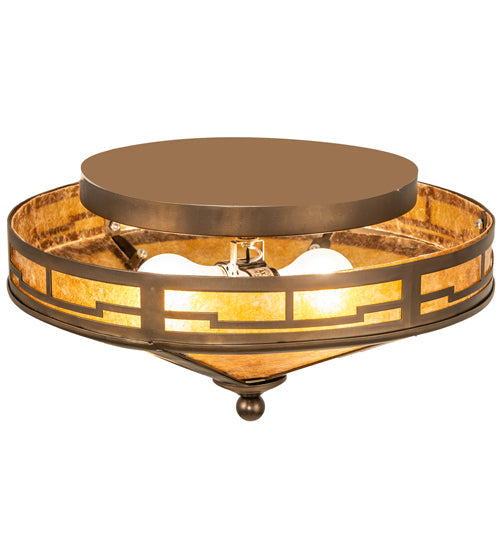 Meyda Lighting Bungalow 16" 2-Light Antique Copper Flush Mount Light With Amber Mica Shade Glass
