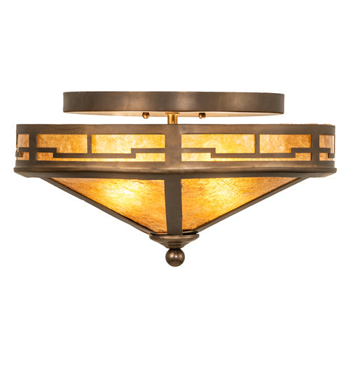 Meyda Lighting Bungalow 16" 2-Light Antique Copper Flush Mount Light With Amber Mica Shade Glass