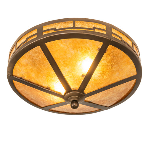Meyda Lighting Bungalow 16" 2-Light Antique Copper Flush Mount Light With Amber Mica Shade Glass
