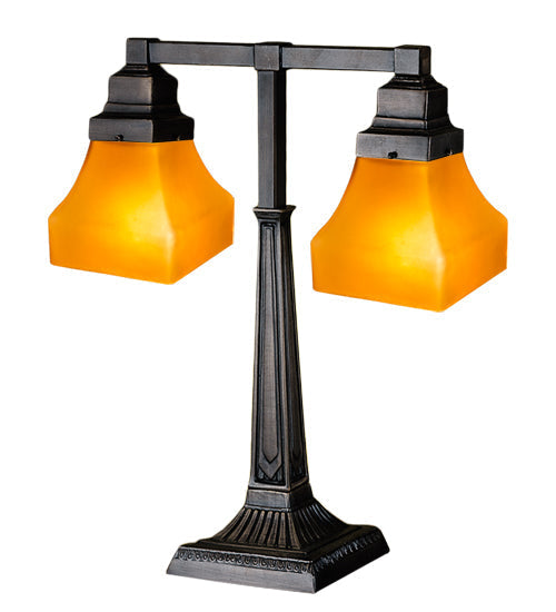 Meyda Lighting Bungalow 20" 2-Light 2-Arm Mahogany Bronze Table Lamp With Frosted Amber Shade Glass