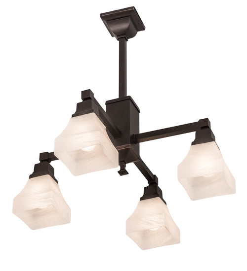 Meyda Lighting Bungalow 25" 4-Light Mahogany Bronze White Alabaster Swirl Chandelier With White Shade Glass