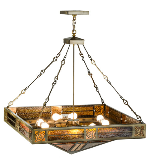 Meyda Lighting Bungalow Rose 51" 8-Light Antique Copper Inverted Pendant Light With Amber Mica & Root Beer Shade Glass
