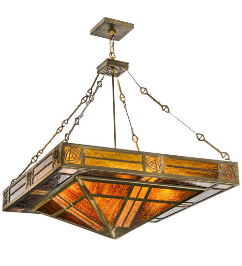 Meyda Lighting Bungalow Rose 51" 8-Light Antique Copper Inverted Pendant Light With Amber Mica & Root Beer Shade Glass
