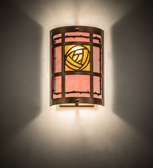 Meyda Lighting Bungalow Rose 9" 2-Light Antique Copper Wall Sconce With Amber Mica & Birchwood Shade Glass