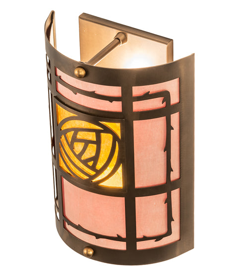 Meyda Lighting Bungalow Rose 9" 2-Light Antique Copper Wall Sconce With Amber Mica & Birchwood Shade Glass