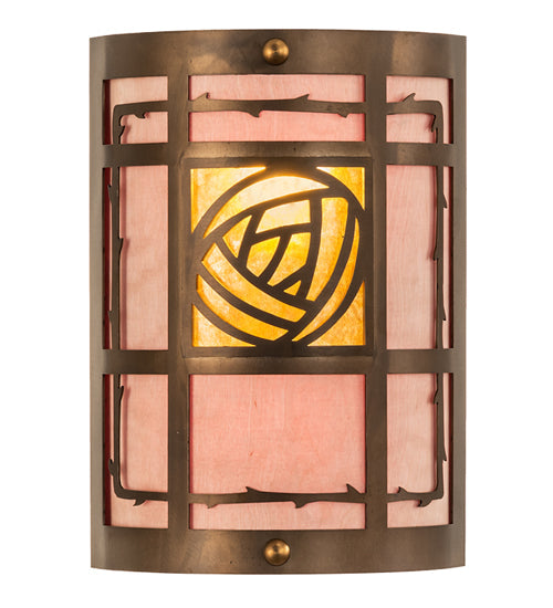 Meyda Lighting Bungalow Rose 9" 2-Light Antique Copper Wall Sconce With Amber Mica & Birchwood Shade Glass