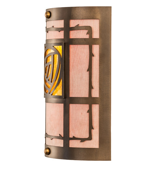Meyda Lighting Bungalow Rose 9" 2-Light Antique Copper Wall Sconce With Amber Mica & Birchwood Shade Glass