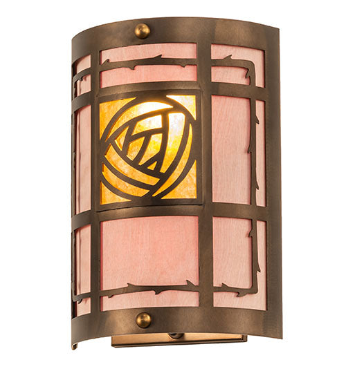 Meyda Lighting Bungalow Rose 9" 2-Light Antique Copper Wall Sconce With Amber Mica & Birchwood Shade Glass