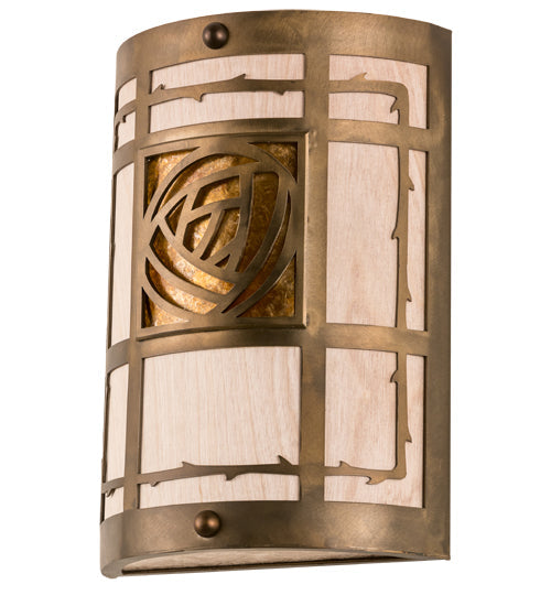 Meyda Lighting Bungalow Rose 9" 2-Light Antique Copper Wall Sconce With Amber Mica & Silver Mica Shade Glass