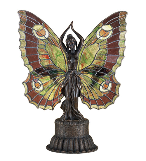 Meyda Lighting Butterfly Lady 17" 2-Light Mahogany Bronze Accent Table Lamp With Multi-Colored Shade Glass
