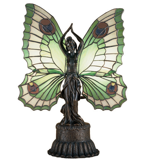 Meyda Lighting Butterfly Lady 48019 17" 2-Light Mahogany Bronze Accent Table Lamp With Multi-Colored Shade Glass
