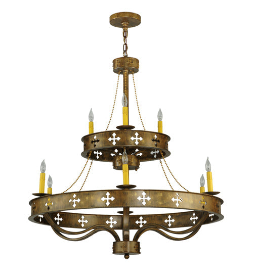 Meyda Lighting Byzantine 38" 9-Light 2-Tier Brushed Gold Chandelier With Amber Faux Candlelight