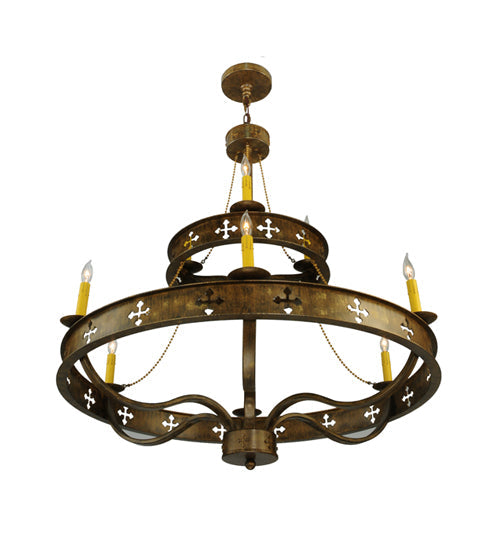 Meyda Lighting Byzantine 38" 9-Light 2-Tier Brushed Gold Chandelier With Amber Faux Candlelight