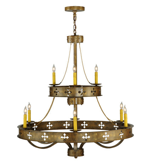 Meyda Lighting Byzantine 38" 9-Light 2-Tier Brushed Gold Chandelier With Amber Faux Candlelight