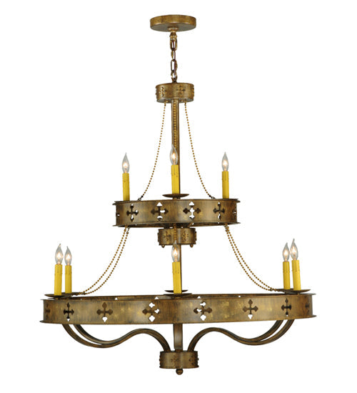 Meyda Lighting Byzantine 38" 9-Light 2-Tier Brushed Gold Chandelier With Amber Faux Candlelight