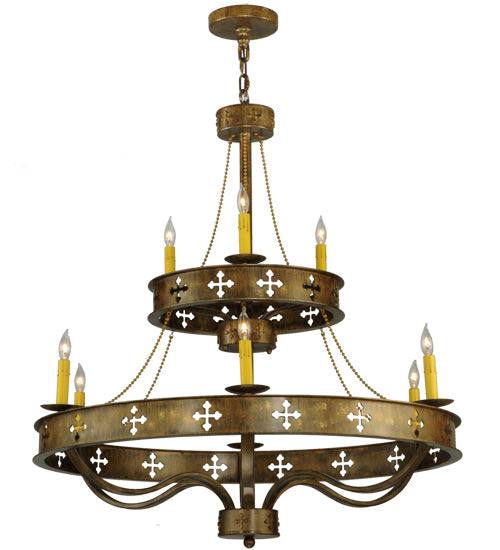 Meyda Lighting Byzantine 38" 9-Light 2-Tier Brushed Gold Chandelier With Amber Faux Candlelight