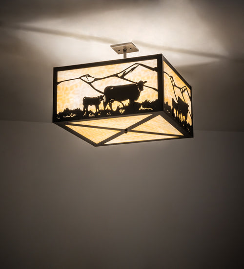 Meyda Lighting Calf & Cow 34" 4-Light Timeless Bronze Flush Mount Light With Beige Shade Glass