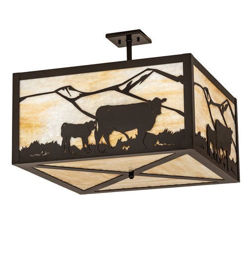 Meyda Lighting Calf & Cow 34" 4-Light Timeless Bronze Flush Mount Light With Beige Shade Glass