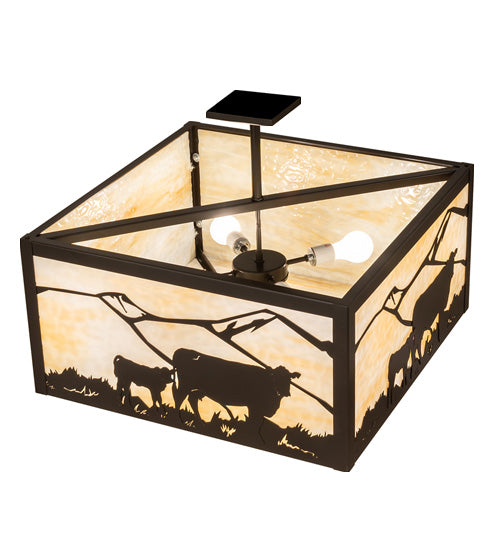 Meyda Lighting Calf & Cow 34" 4-Light Timeless Bronze Flush Mount Light With Beige Shade Glass