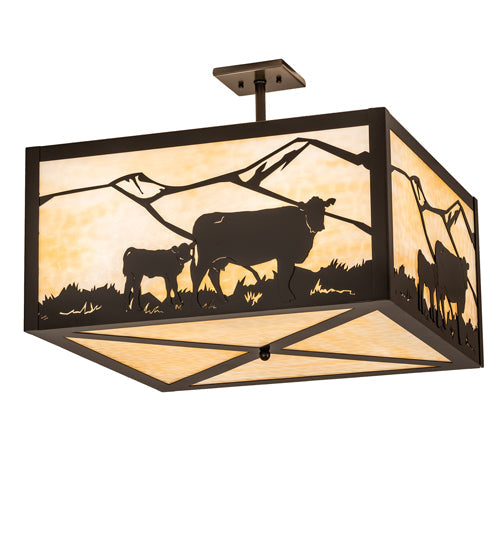 Meyda Lighting Calf & Cow 34" 4-Light Timeless Bronze Flush Mount Light With Beige Shade Glass