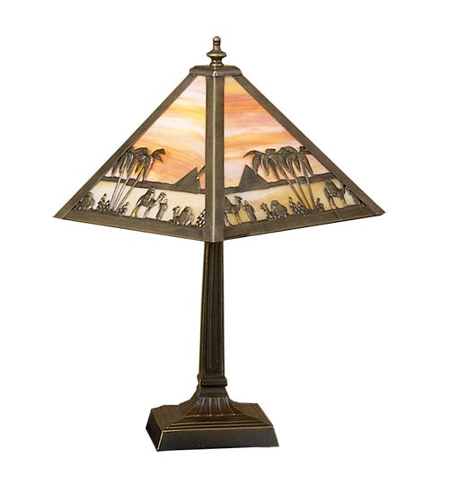Meyda Lighting Camel 10" Antique Brass Mission Accent Table Lamp With Orange & Beige Shade Glass