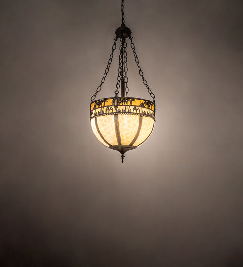 Meyda Lighting Camel 16" 4-Light Oil Rubbed Bronze Basket Inverted Pendant Light With Beige Flemish & Honey Amber Shade Glass